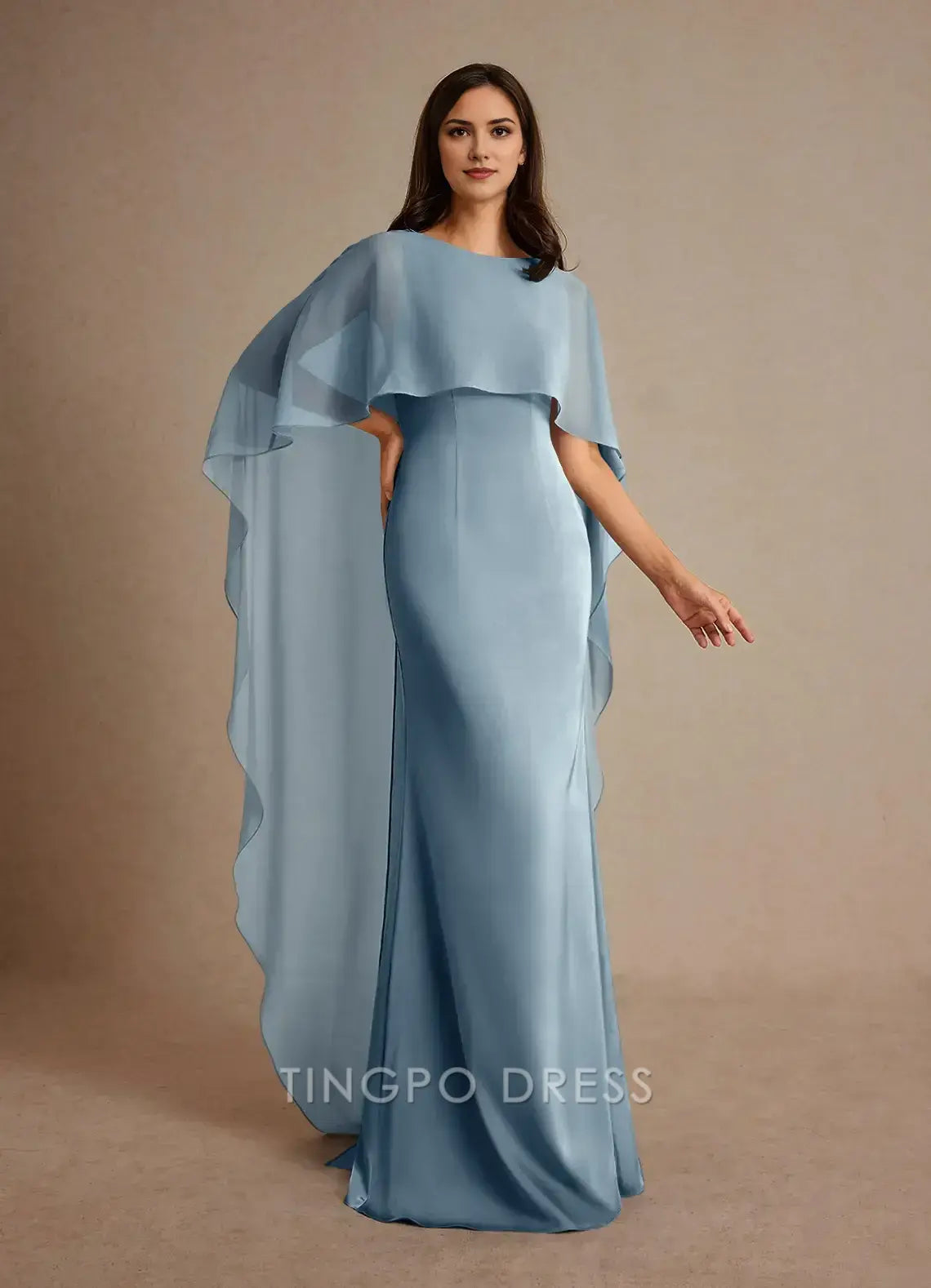 TingPo Wholesale Elegant Round - Neck Satin Maxi Dress with Asymmetric Chiffon Cape Sleeves for Formal Occasions